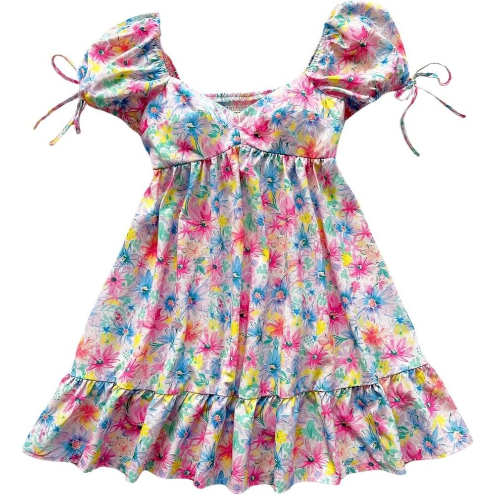 Women's Floral Mini Dress Puff Sleeve Bowknot Flowy Boho Casual